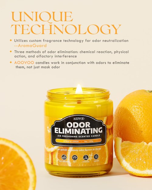 AOOVOO 4 Pack Citrus Lemon Odor Eliminating Highly Fragranced Candle - Eliminates 95% of Pet, Smoke, Food, and Other Smells Quickly, Non Toxic Air Freshing Soy Candle