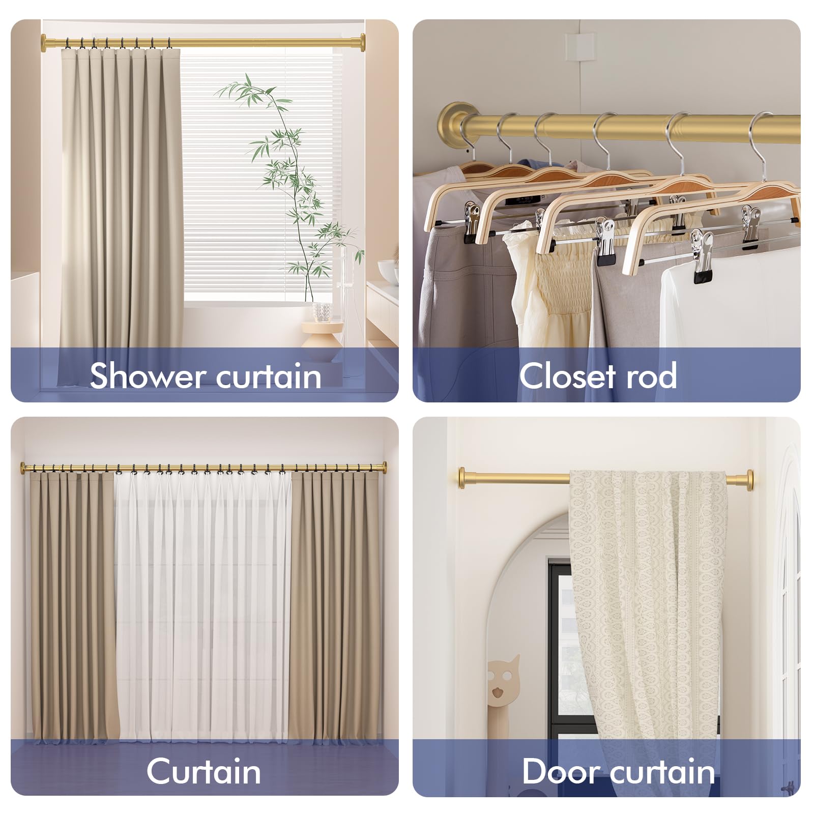 Shower Curtain Rod Adjustable 32"-68", Tension Gold Shower Curtain Rod No Drilling Stainless Steel Rust Proof for RV Bathroom Shower Stall Apartment
