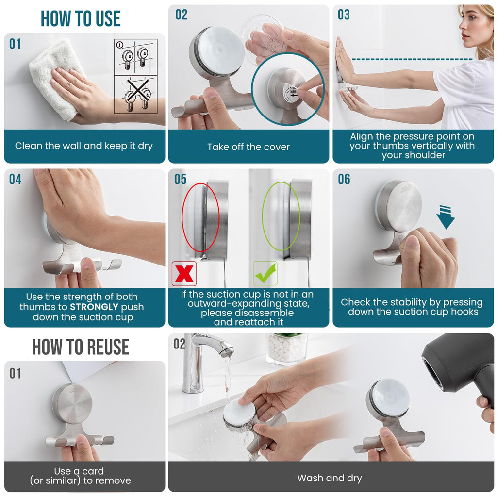 TAILI 2 Pack Powerful Suction Cup Razor Holder, 304 Stainless Steel Bathroom Suction Hooks for Towel, Loofah, Bathrobe, Stylish Shaver Holder for Shower Wall, Easy to Install and Reuse, Silver