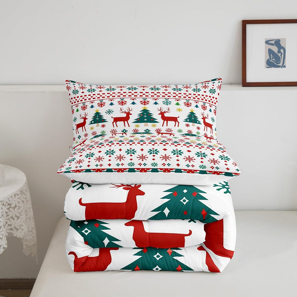 Reindeer Snowflake Comforter Set King Size,Abstract Christmas Tree Duvet Insert for Kids Boys Girls Room Decor,Bohemian Geometric Pattern Bedding Set 3Pcs,Merry Christmas Quilt Set,2 Pillowcases