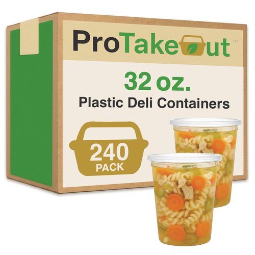ProTakeOut 32oz [240 set] Heavy Duty Plastic Deli Container | BPA-Free Food Storage with Airtight Leak‑Proof Lids | Microwave, Freezer & Dishwasher Safe – Stackable, Bulk Reusable Soup & Meal Prep Tub