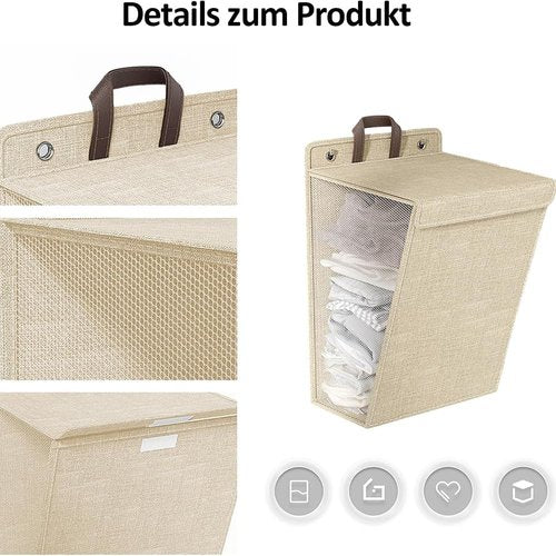 Foldable Laundry Basket with Lid with Handles, Foldable, Hanging Laundry Basket, Laundry Organiser, Mesh Design on Both Sides, Breathable Laundry Organiser (Beige)