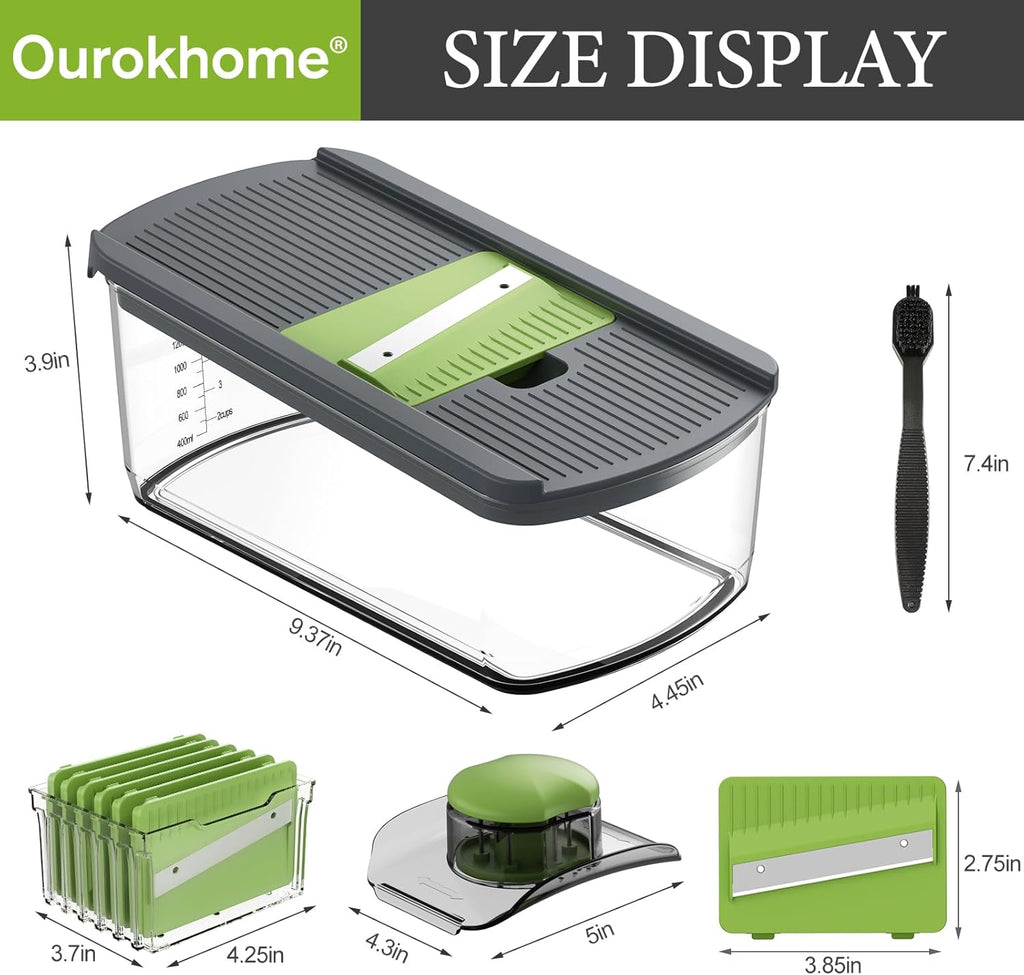 Ourokhome Mandolin Slicer - 6-in-1 Vegetable Shredder with Safety Features | Gray Color, Ideal for Potatoes, Carrots, Zucchini, and Onions