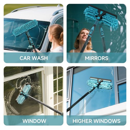 Buysenton Professional 2-in-1 Window Squeegee Cleaner Tool with 62" Extension Pole, Rotatable Bendable Head & Scrubber, Car Glass Cleaning Kit for Windows, Shower, Gas Station - 1 Blade 2 Scrubber