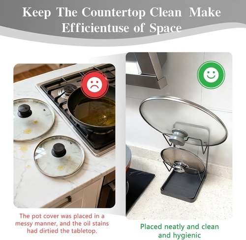 YAGUAN Double Layer Kitchen Pot Lid Storage Rack, 304 Stainless Steel Pot Lid Holder While Cooking, Kitchen Pot Lid Storage Rack for stove top, Multifunctional Kitchen Pot Lid Organizer for Countertop