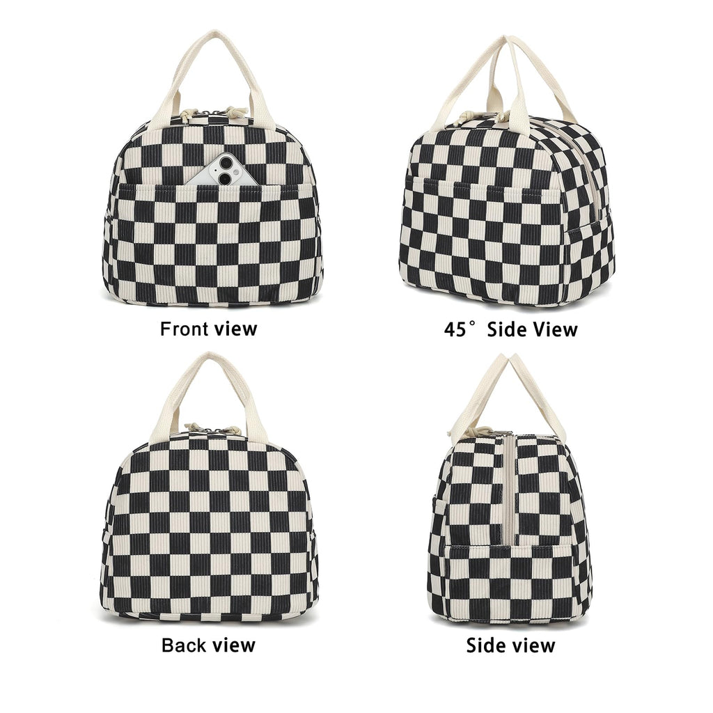 Dezcrab Corduroy Lunch Box for Women Girls, Cooler Lunch Bags Reusable Insulated Lunchbox for Picnic School Work Travel (Checkered Black)