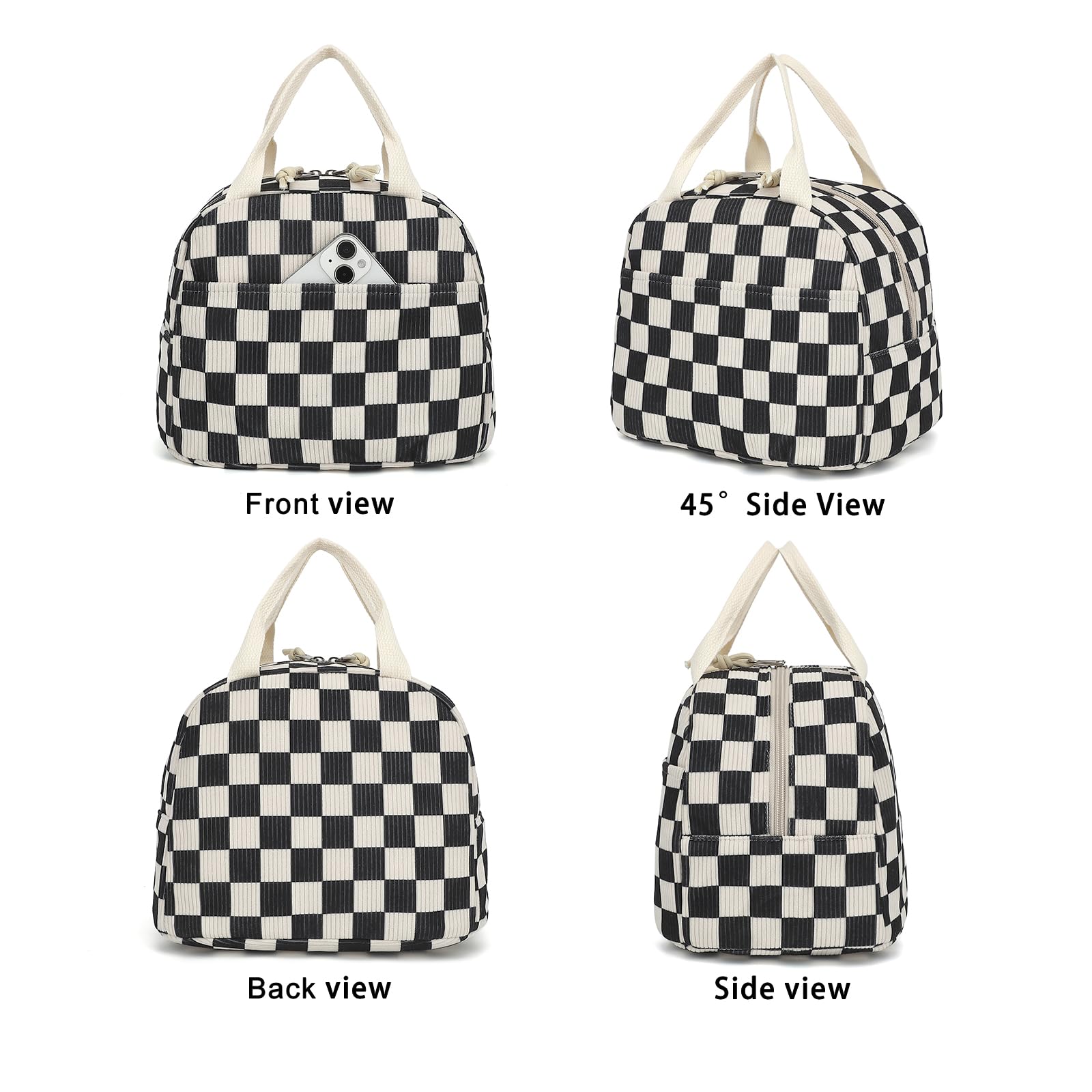 Dezcrab Corduroy Lunch Box for Women Girls, Cooler Lunch Bags Reusable Insulated Lunchbox for Picnic School Work Travel (Checkered Black)