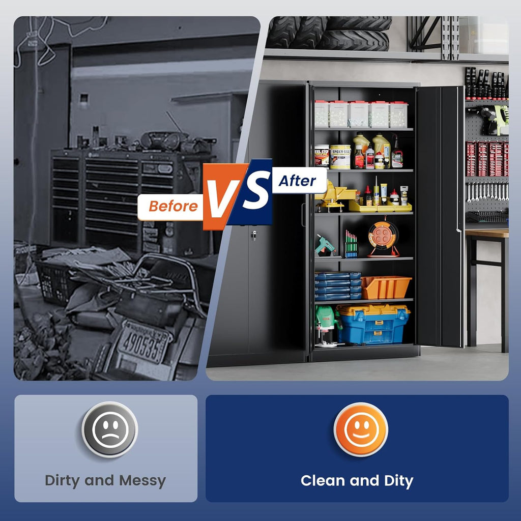 Yizosh Metal Storage Cabinet - 72" Lockable Garage Cabinet with 2 Doors & 5 Adjustable Shelves, Black Steel