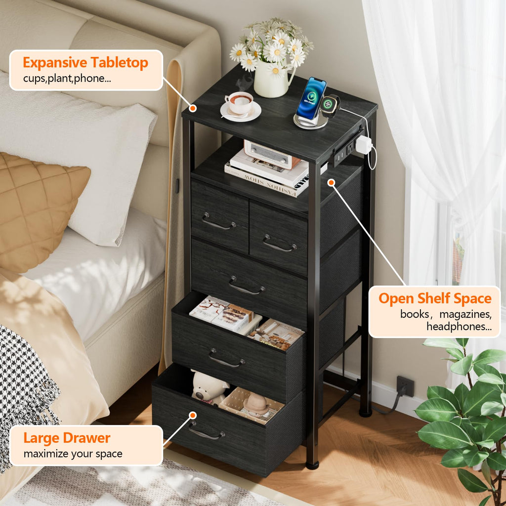 Furnulem Dresser for Bedroom, Tall Nightstand, Vertical Chest with Wood Top, Charging Station, LED Lights, 5 Fabric Bins, Bedside Table with Shelf, Furniture for Entryway (5 Drawer, Black Oak)