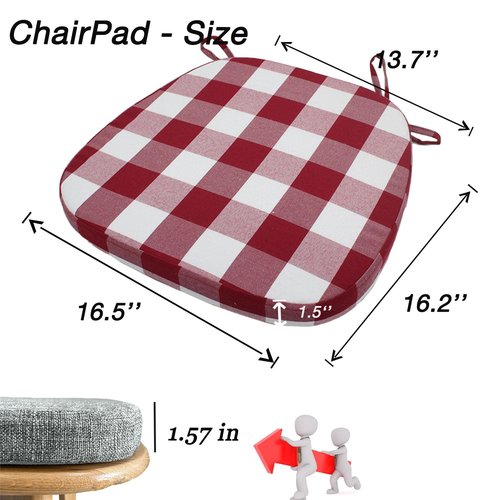 KGPLOME Plaid Chair Cushions with Ties for Dining Chairs - Memory Foam Non Slip Kitchen Chair Pad and Seat Cushion with Machine Washable Cover [16.5 x 16.2 Inches] - (Red White,4)