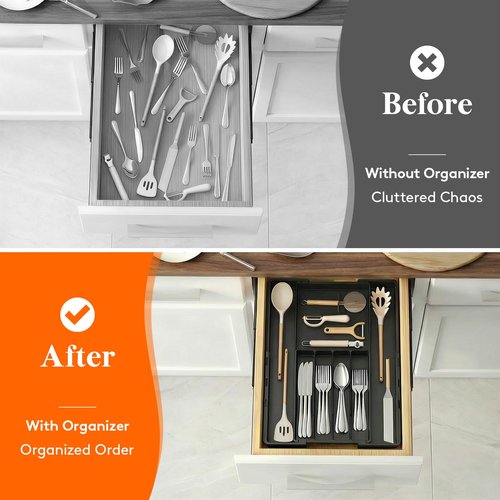 Lifewit Silverware Drawer Organizer, Expandable Utensil Tray for Kitchen, BPA Free Plastic Flatware and Cutlery Organizer, Adjustable Storage for Spoons Forks, Fits 8.9-14.3x11.3-19.3x1.7 Inch, Black