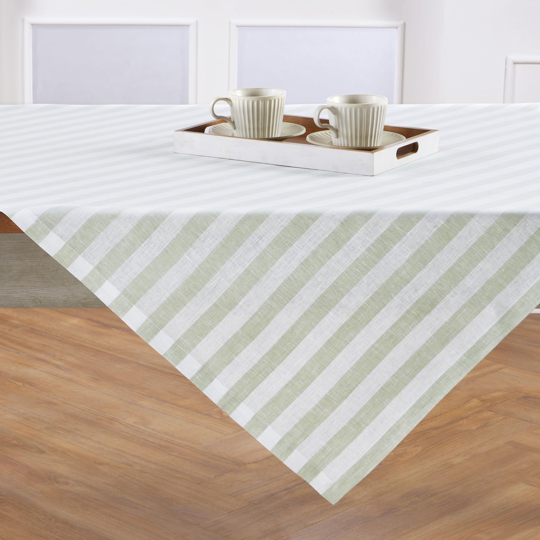 Solino Home Linen Tablecloth 52 x 52 Inch - Sorrento Stripe, 100% Pure Linen Sage and White Square Tablecloth - Machine Washable Table Throw for Spring, Summer, Mothers Day