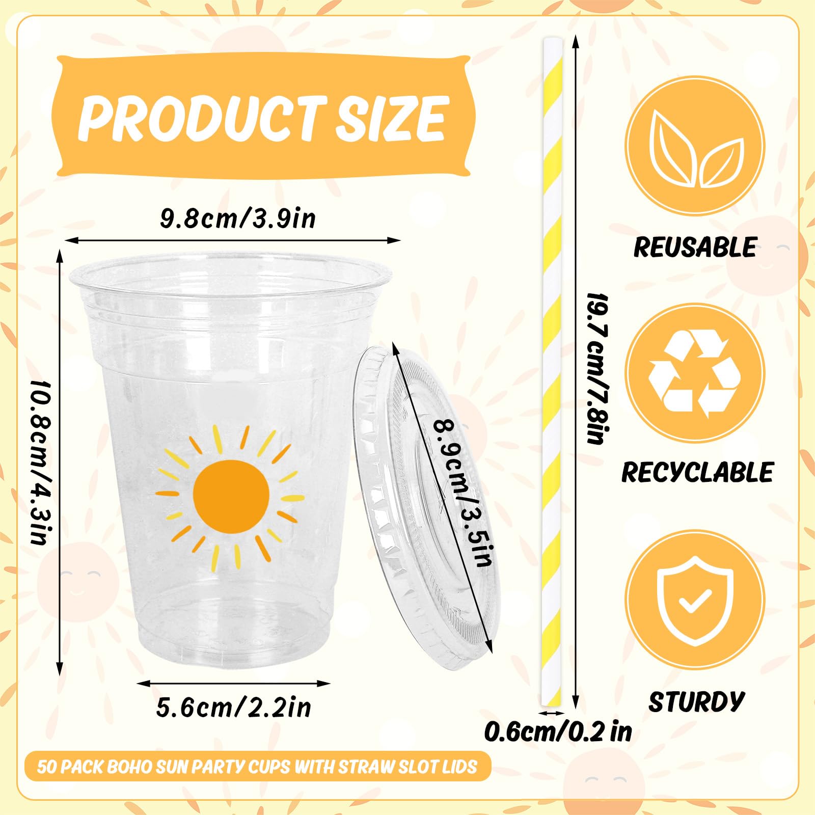 Whaline 50Pcs Boho Sun Disposable Plastic Cups with Lids and Straws 12 Oz Sunshine Cold Beverage Drinking Cups for Birthday Baby Shower Party Supplies