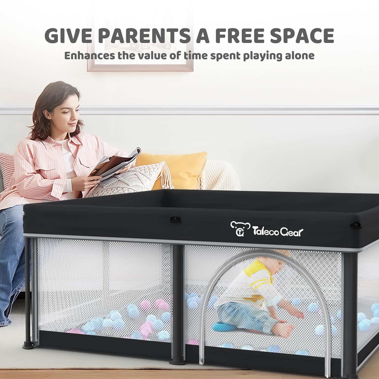 Taleco Gear Foldable Baby Play Pen - Breathable Travel Playpen with Mat & 50 Ocean Balls | 50''x50'' Size