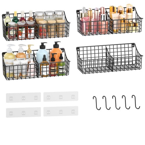 4 Pack EXTRA LARGE Hanging Wall Mount Storage Baskets With Divider, Metal Wire Basket With 4 Strong Adhesive Hooks +5 S Hooks,Organizing Wall Shelf for Home Kitchen Bathroom Pantry Garage RV, Black