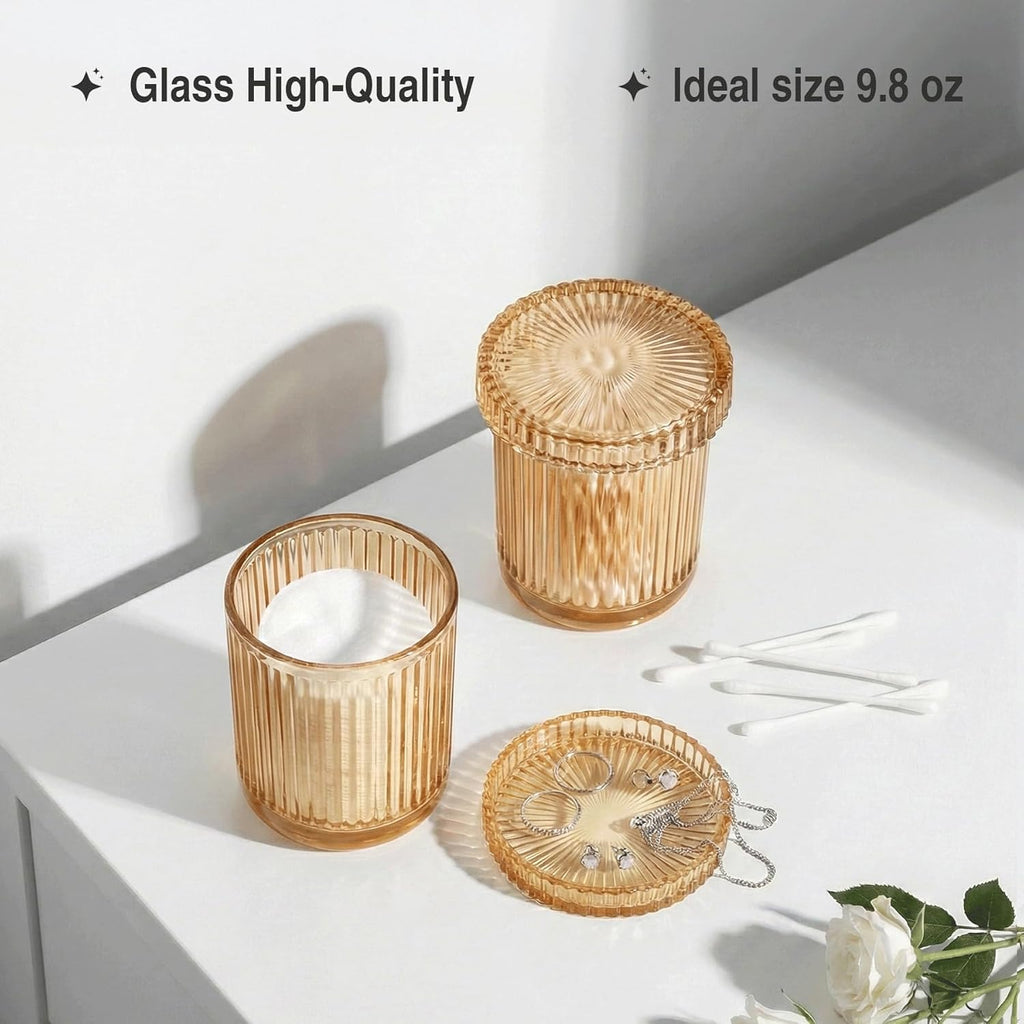 Skiennix Glass Qtip Holder Dispenser - 2 Pack Bathroom Organizer for Cotton Swabs & Makeup Essentials | Amber