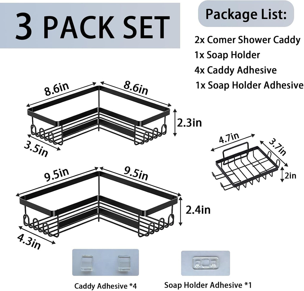 Skiennix Corner Shower Caddy - 3 Pack Rustproof Stainless Steel Organizers | No-Drill Bathroom Storage, Black