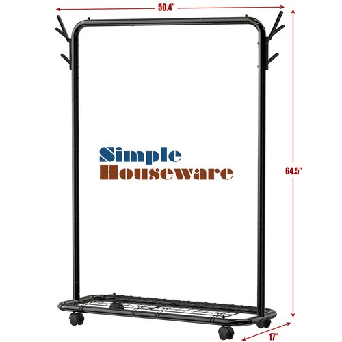 Simple Houseware Industrial Style Garment Rack with Wheels and Hooks, Black