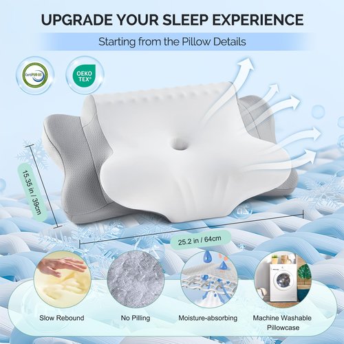 Cervical Pillow for Neck Pain Relief，Ergonomic Cooling Dual-Sided Orthopedic Neck Pillow with Ice Silk Pillowcase, Breathable Memory Foam Contour Pillow for Side, Back, Stomach Sleepers