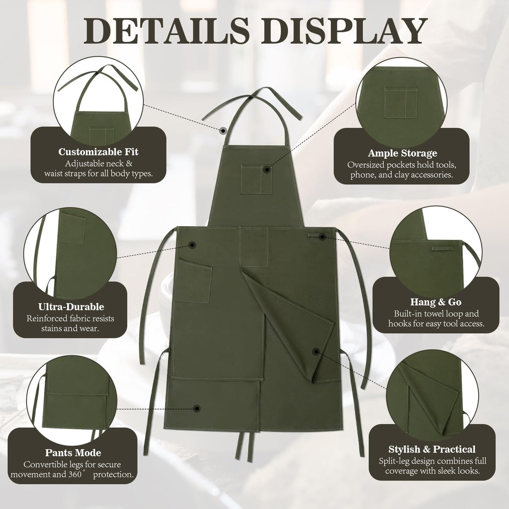Jeyiour Split Leg Pottery Apron, 2 Layer DIY Ceramic Apron with Convertible Pants, Large Pockets Towel Loop Smock for Unisex(Green)