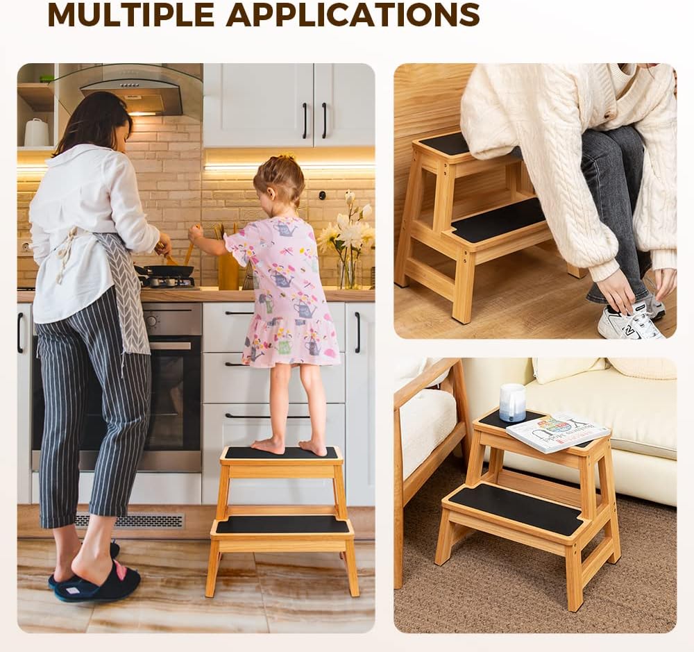 StrongTek Wood Step Stool - Heavy-Duty Two-Step Design for Adults & Kids | 17" Tall, Non-Slip Steps