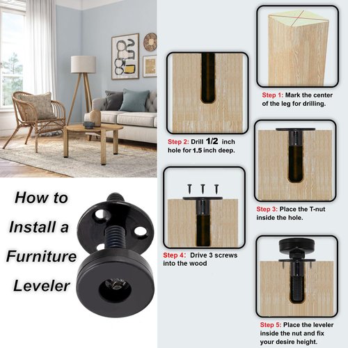 NEWBYTEK Furniture Leveling Feet Heavy Duty, Adjustable Furniture Feet Levelers Screw on Heavy Duty Desk/Chair/Cabinet/Dresser/Bench Leg Leveler, Round T-Nut Kit 3/8”-16 Thread (4 Pack, Black)