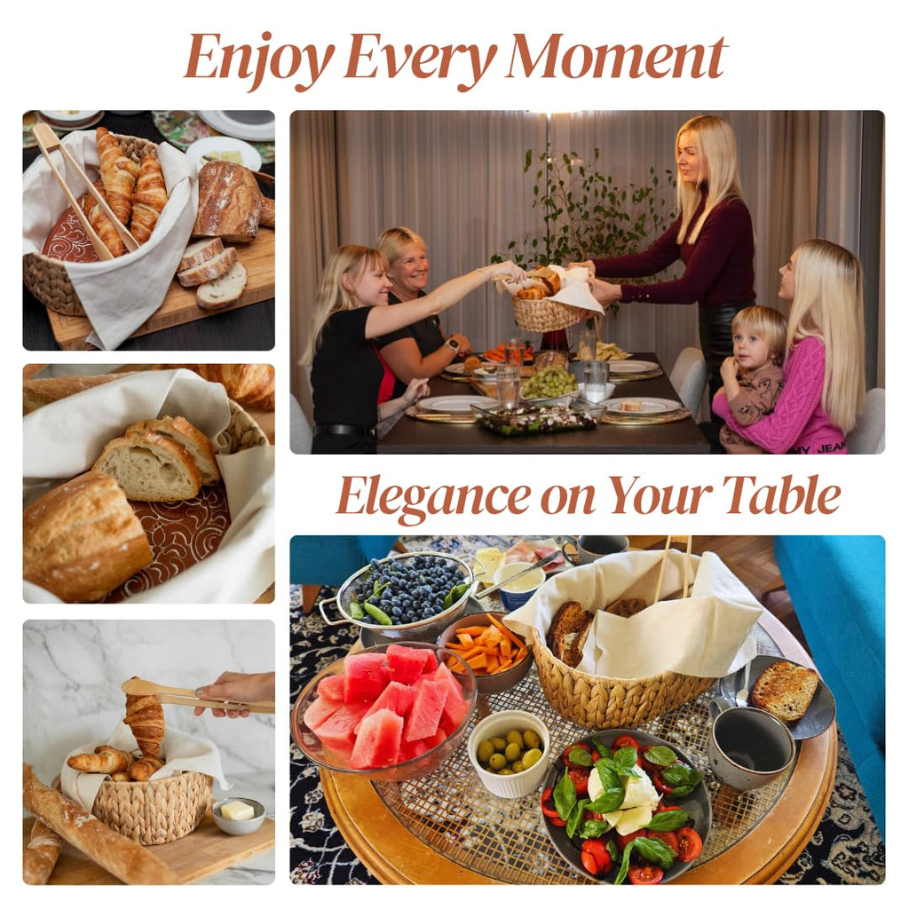 Premium Bread Basket with Warmer – Woven Serving Basket with Terracotta Warming Stone & Tongs, Keeps Bread Warm Longer, Modern Table Basket for Bread, Rolls & Tortillas, Mothers day, Mothers day gift