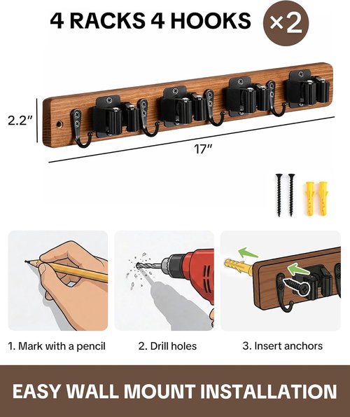 Lorbro Broom Holder Wall Mount - 2 Pack Wooden Mop Organizer with 4 Slots & Hooks for Garage, Kitchen, Laundry Room