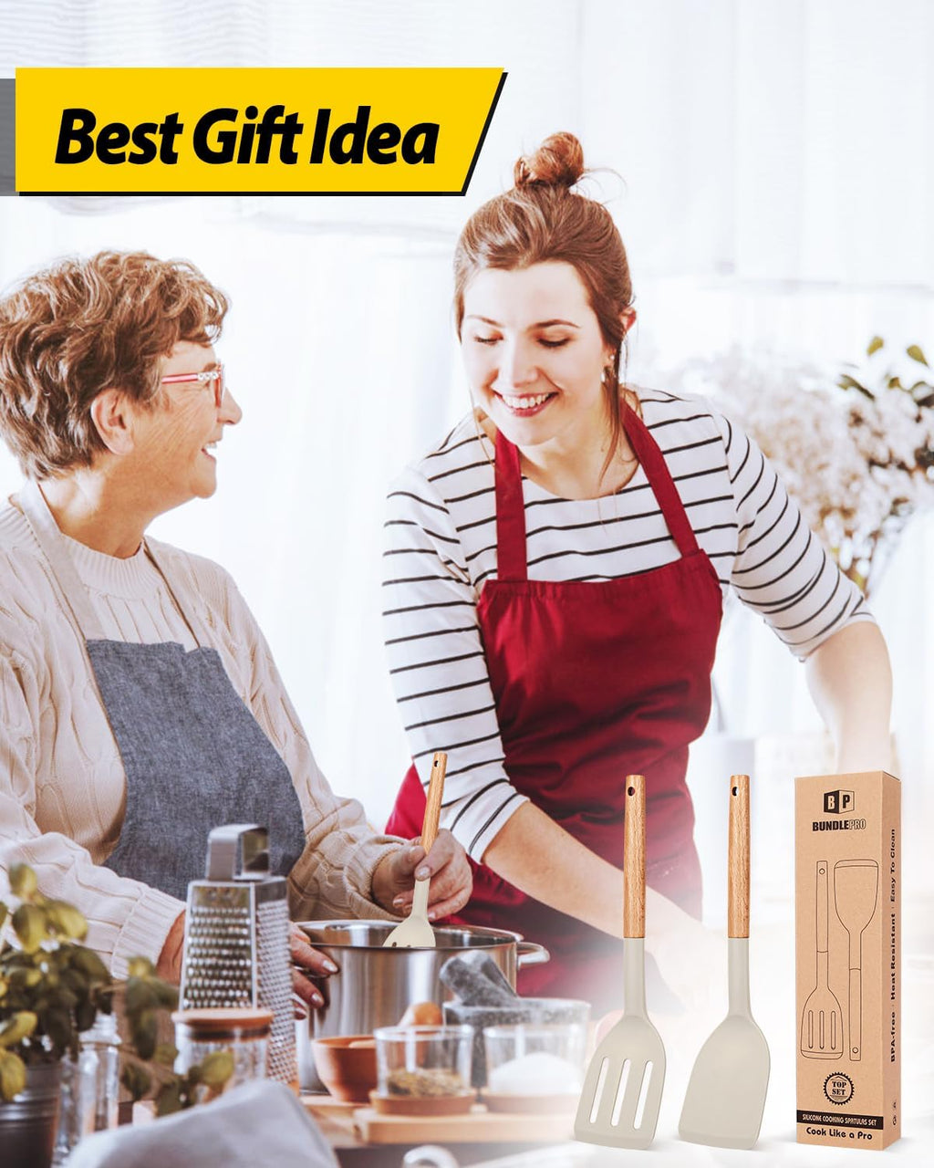 Skiennix Silicone Cooking Spatula Set - Heat Resistant Non-Stick Slotted Turner | Pack of 2 with Wooden Handles