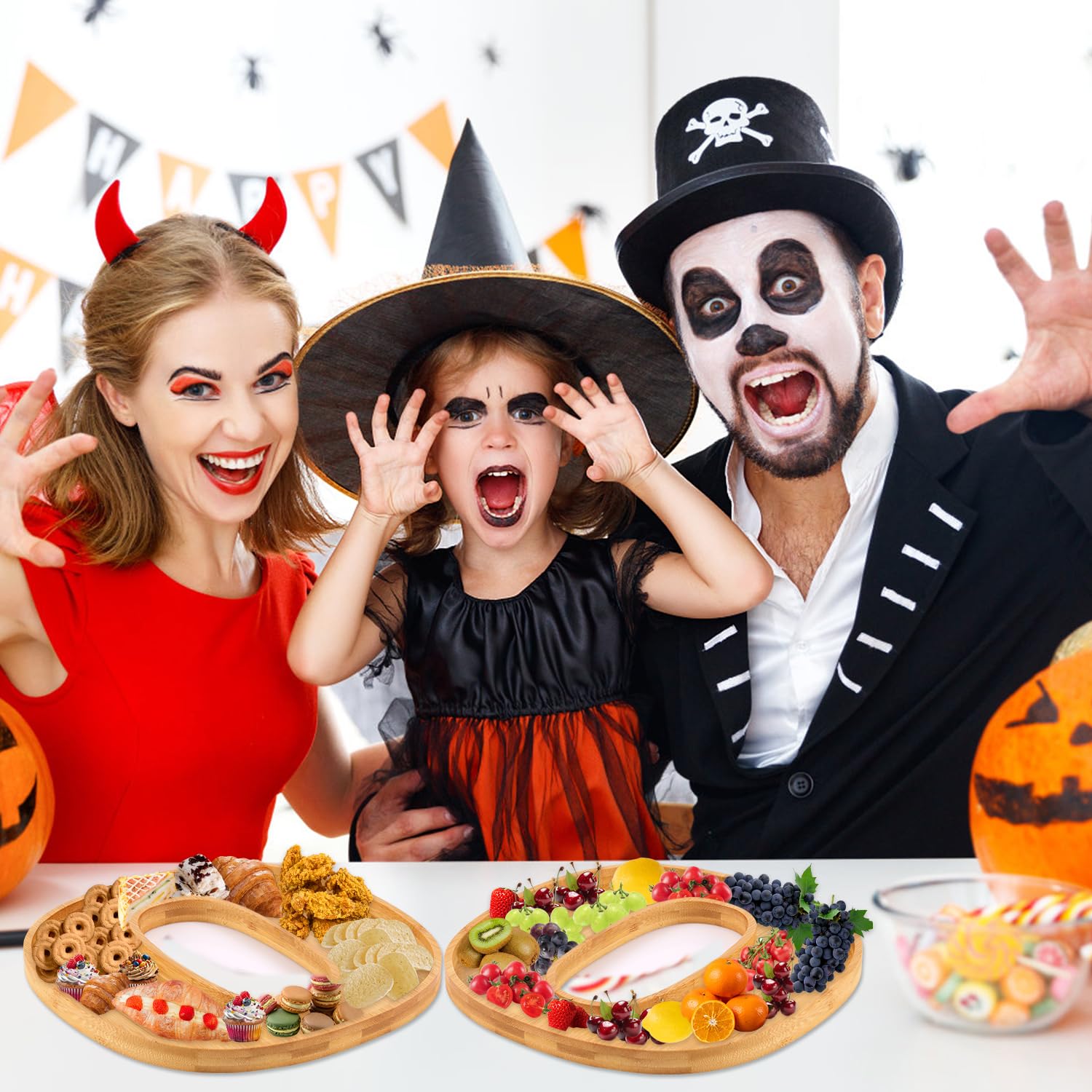 PEUTIER 3pcs Halloween Charcuterie Board, BOO Halloween Cheese Board Wooden Serving Platter Snack Trays Dinnerware Cookware for Home Kitchen Candy Cookie