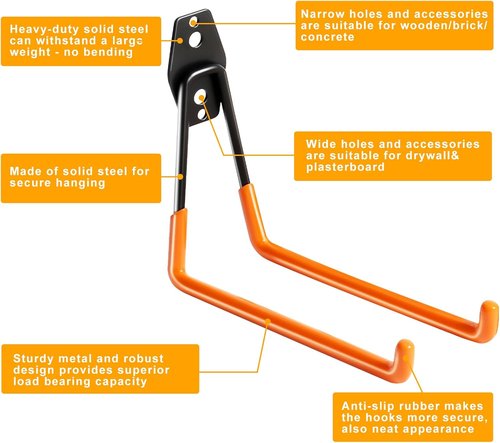 KURUI Heavy Duty Garage Hooks - 2 Pack Metal Storage Hooks for Ladders & Tools | Wall Mount Utility Hangers