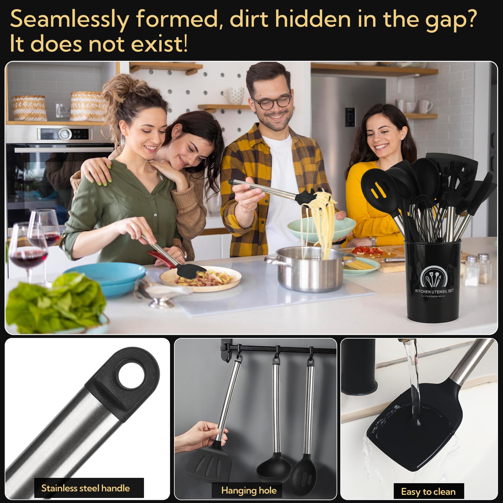 33 Pack Non-Stick black silicone cooking utensils set, Heat Resistant & Dishwasher Safe with Stainless Steel Handles for Non-Scratch Cooking and Baking，Outdoor Cooking, and Small Apartments