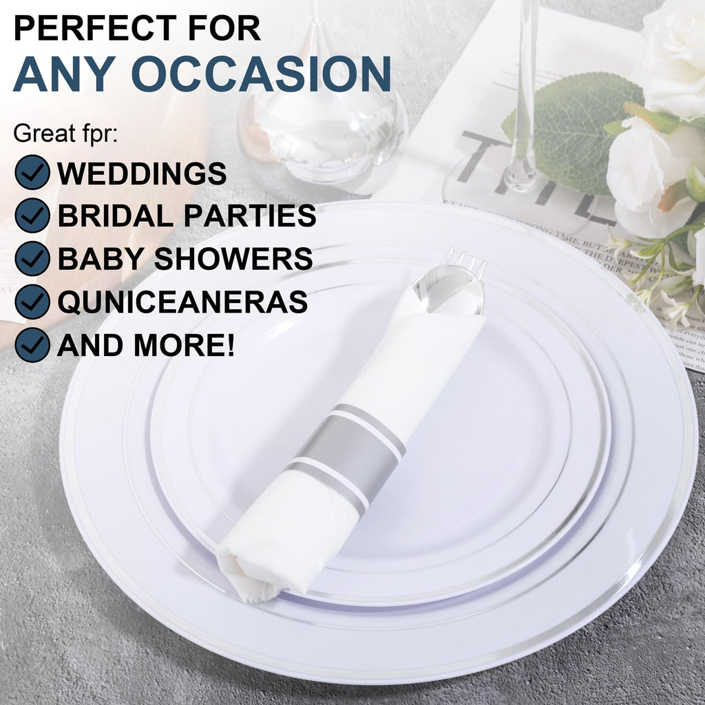 Joyido 400PCS Pre Rolled Silver Plastic Silverware Sets - Heavy Duty Silver Cutlery - Include 100 Pack Wrapped Disposable Utensils with Napkins for Parties & Dinners & Weddings