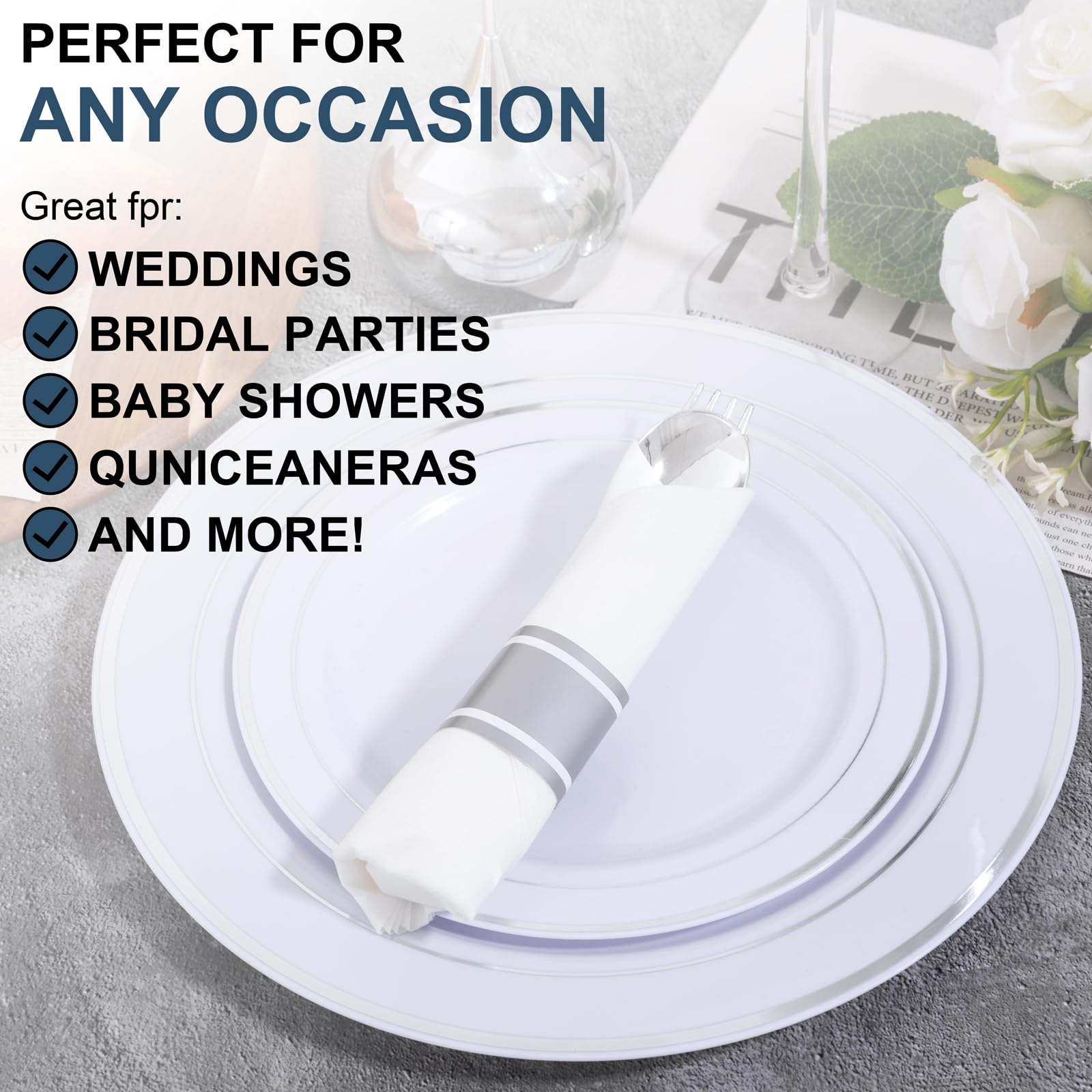 Joyido 400PCS Pre Rolled Silver Plastic Silverware Sets - Heavy Duty Silver Cutlery - Include 100 Pack Wrapped Disposable Utensils with Napkins for Parties & Dinners & Weddings