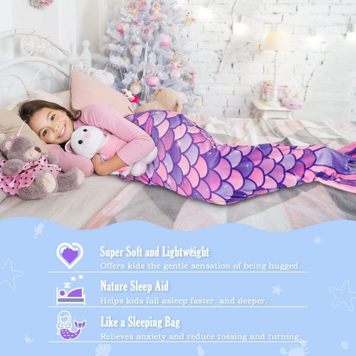 WERNNSAI Mermaid Tail Blanket - Plush Mermaid Wearable Blanket for Girls Teens All Seasons Soft Flannel Snuggle Blanket Scale Sleeping Bag Kids 55" x 24" (Purple)