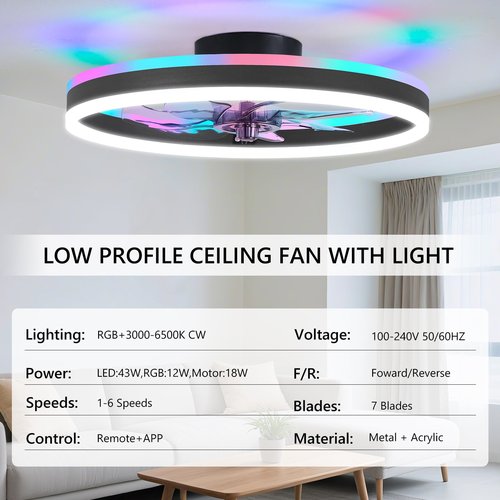 SAMPHON RGB Ceiling Fans with Lights, 19.7" Smart Low Profile Ceiling Fan, Modern Flush Mount Fandelier Light with Remote/APP Control, Dimmable Led Ceiling Fan Light for Living Room, Bedroom, Indoor