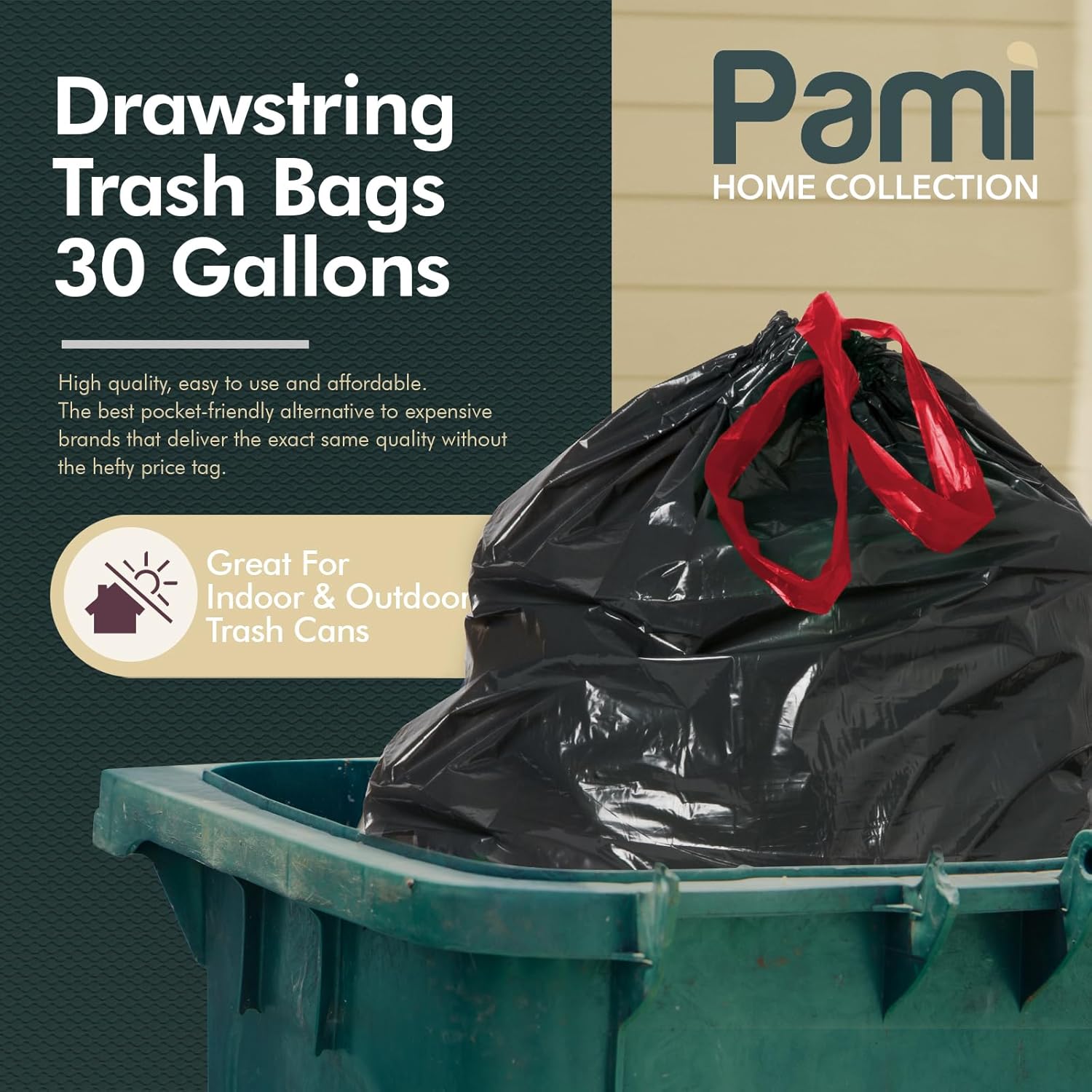 PAMI 30-Gallon Drawstring Trash Bags - Extra-Strong Black Garbage Liners | 8-Pack for Kitchen & Outdoor Use
