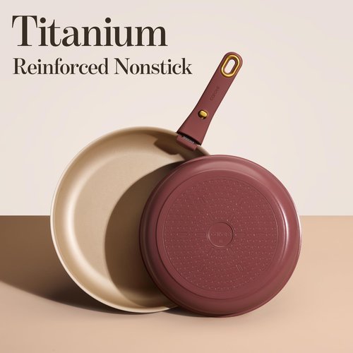 CAROTE Titanium Reinforced Nonstick Frying Pans Skillets 2 piece Set with Lids, Non-Stick Fry Pan Egg Pan with Detachable Handle, PFOS, PFOA Free, Induction Compatible(10-inch & 12-inch), Burgundy