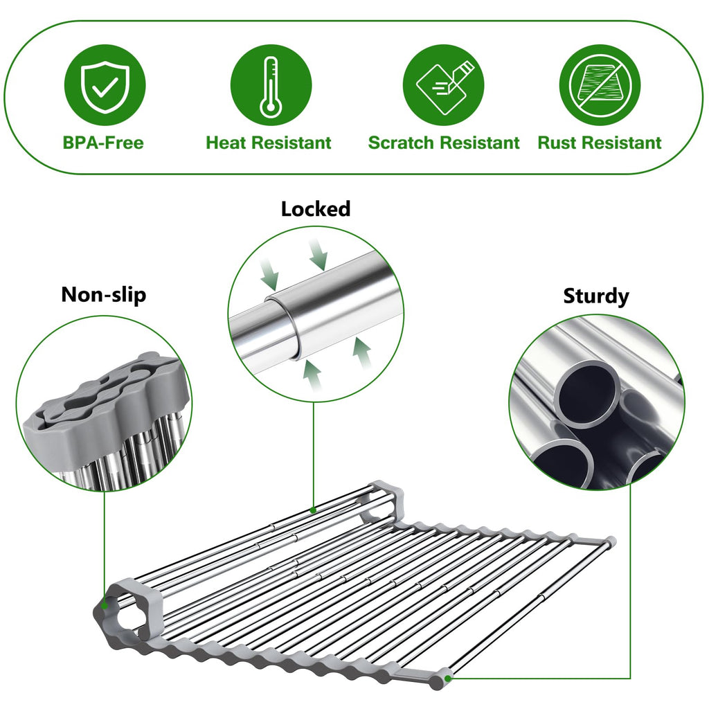 Sindax 23.7" Extra Large Dish Drying Rack, Expandable Roll Up Over The Sink Dish Drying Rack, SUS304 Stainless Steel Multipurpose Kitchen Drainer Rack Up Load to 70Lb