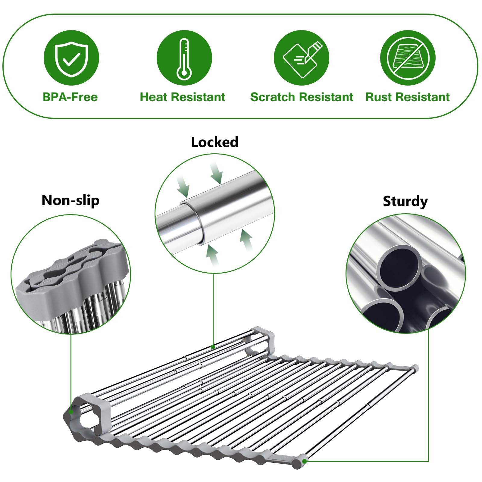 Sindax 23.7" Extra Large Dish Drying Rack, Expandable Roll Up Over The Sink Dish Drying Rack, SUS304 Stainless Steel Multipurpose Kitchen Drainer Rack Up Load to 70Lb