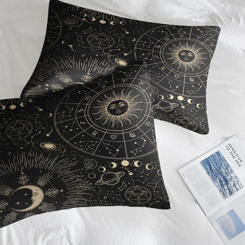 Pamnest Comforter Set Queen Size, Sun Moon Astrology 7 Pcs Bedding for Kids and Adults, Space Science Galaxy Retro Bed Sheet Sets with Fitted Sheet 2 Pillowcases & 2 Shams for Bedroom Bed Decor