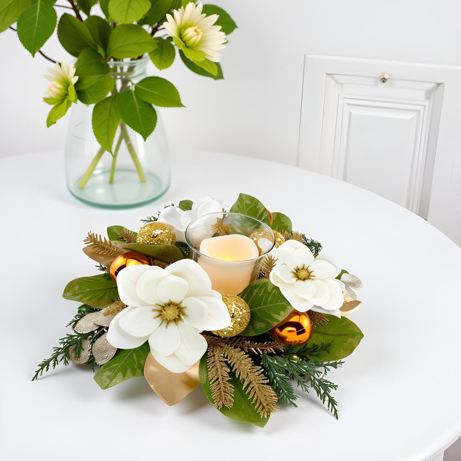 Skiennix 18" Centerpiece - Flameless LED Candle Holder with White Magnolia & Gold Baubles for Holiday Decor