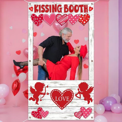 Valentine's Day Party Decorations Kissing Booth Theme Photo Booth Props Cupid Love Heart Banner Valentine Picture Frame for Couple Restaurant Wedding Backdrop Valentines Theme Party Favors Supplies