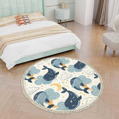 Ocean Beach Area Rugs Cute Whales Sleeping Clouds Fantasy Marine Animal Round Boho Area Rug Carpet Playmat Washable Hallway Runner Mat for Nursery Kid Room Bedroom Decoration Children Gift 4ft