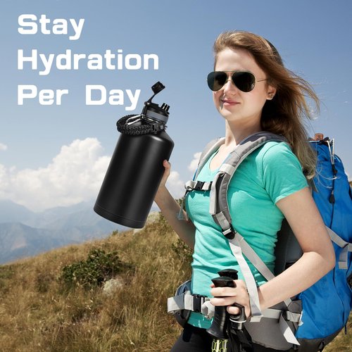 GAZLEMHO 1 Gallon Water Bottle Insulated, Leak Proof 128 oz Stainless Steel Water Jug with Straw/Spout 2-in-1 Lid, Sleeve, Paracord Handle, Silicone Boot, One Gal Metal Canteen for Gym Sports Camping