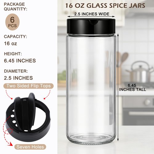 Acellegic 6 Pack 16 oz Glass Spice Jars with Shaker Tops Lids Large Spice Bottle with Lids for Kitchen, Herbs, Sugar, Pantry Herb Salt Pepper Storage (Round)