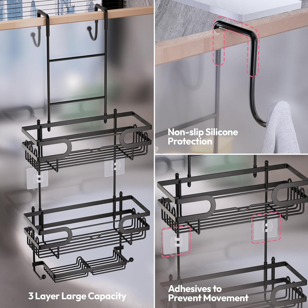SWTYMIKI Over The Door Shower Caddy - Double Soap Holder & 16 Hooks | No Drilling Bathroom Organizer, Black