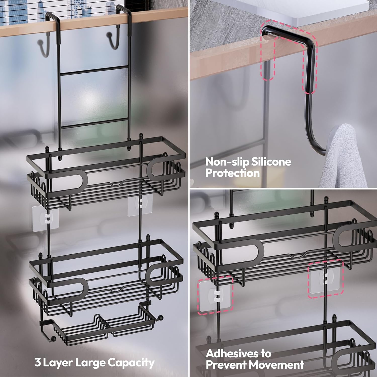 SWTYMIKI Over The Door Shower Caddy - Double Soap Holder & 16 Hooks | No Drilling Bathroom Organizer, Black