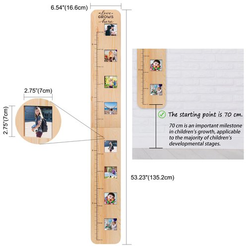 Garybank Solid Wood Growth Chart for Kids with Picture Frames, Height Measurement Ruler Milestone Markers, Foldable Kids Height Wall Chart, Christmas Keepsake Gift for Toddler Boy Girl Room Wall Decor