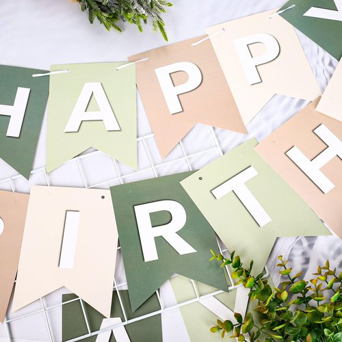 JarThenaAMCS Sage Green Happy Birthday Banner - Ivory Brown Hanging Banner Handmade Party Bunting Garland for Birthday Tea Baby Shower Home Nursery Backdrop Decor